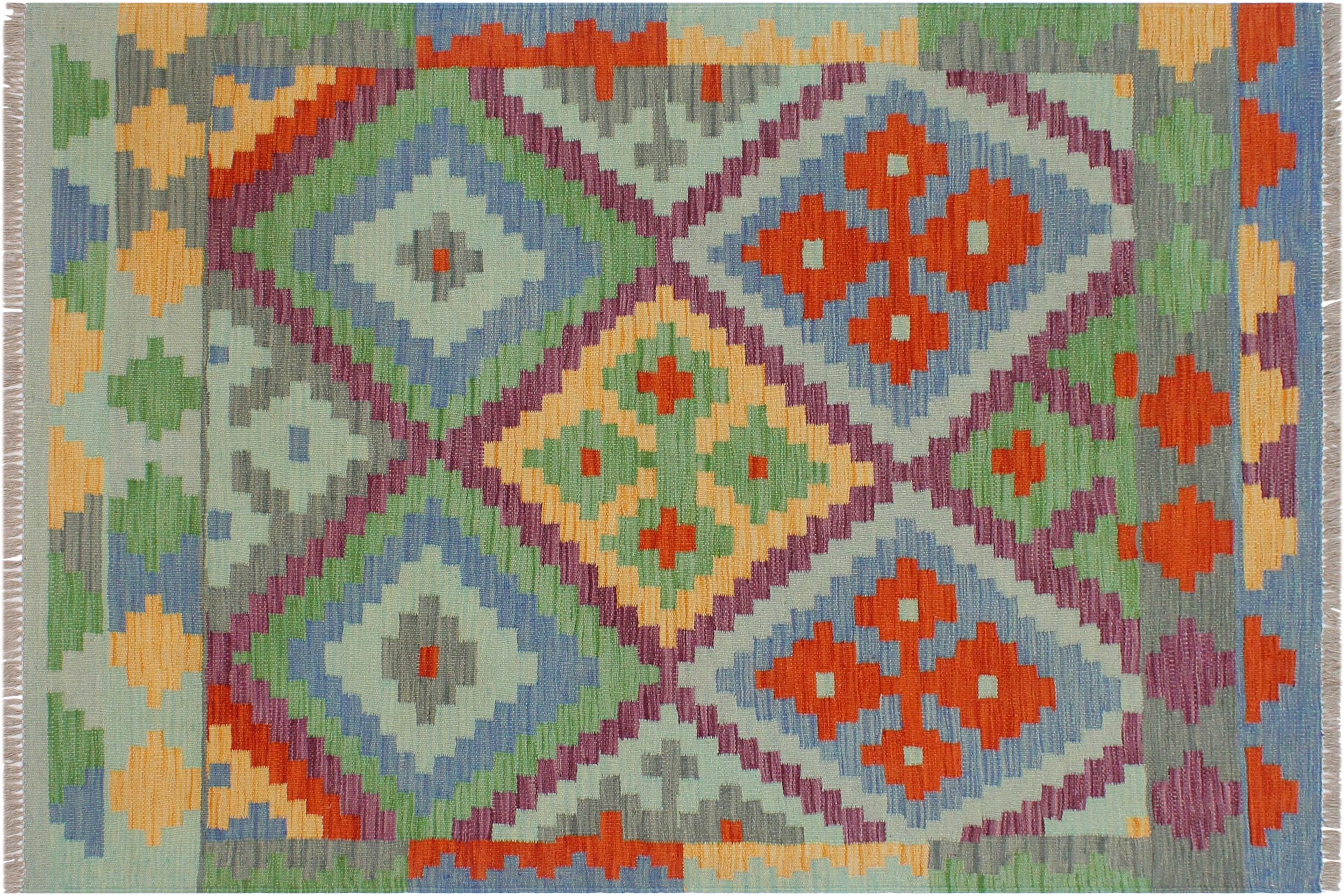 handmade Geometric Kilim Blue Rust Hand-Woven RECTANGLE 100% WOOL area rug 3 x 5