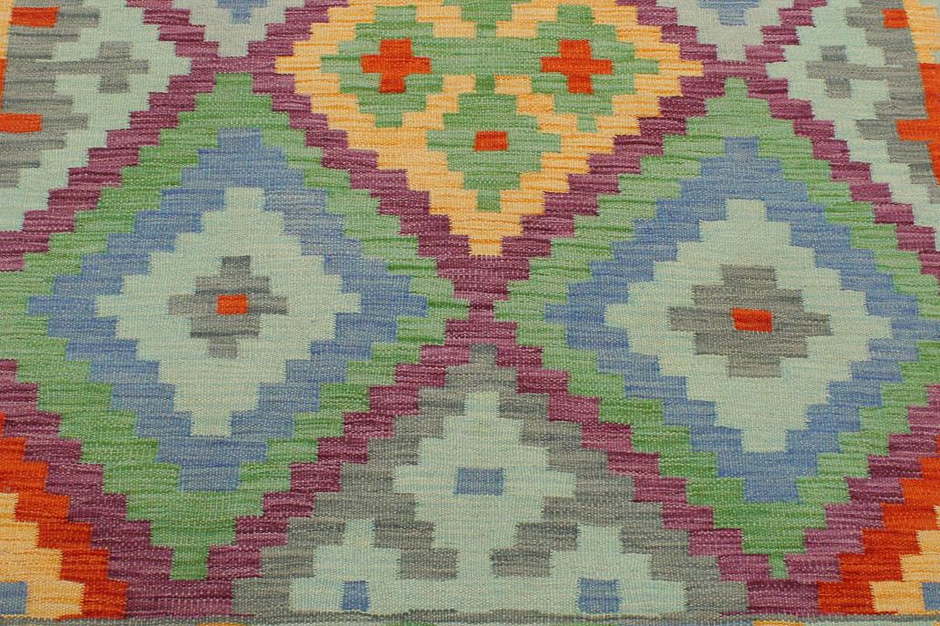 Flat Weave Kilim Antique Navaho Vintage handmade Geometric Kilim Blue Rust Hand-Woven Rectangle 100% Wool Area Rug 3x5 