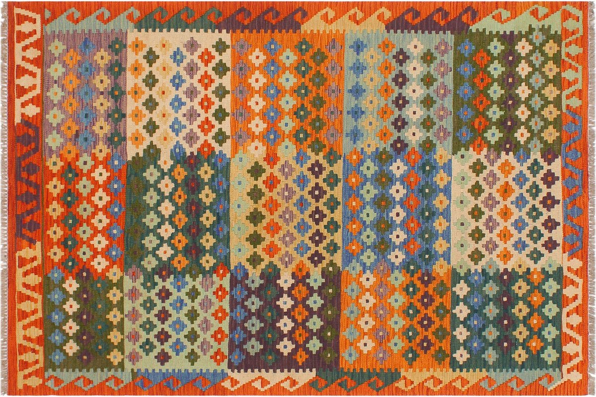 handmade Modern Kilim Beige Rust Hand-Woven RECTANGLE 100% WOOL area rug 4x6