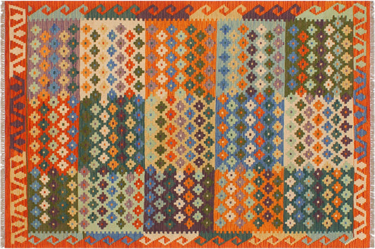 handmade Modern Kilim Beige Rust Hand-Woven RECTANGLE 100% WOOL area rug 4x6