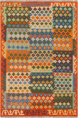 Flat Weave Kilim Antique Navaho Vintage handmade Modern Kilim Beige Rust Hand-Woven Rectangle 100% Wool Area Rug 4x6 