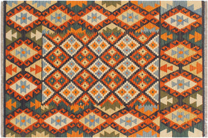 handmade Geometric Kilim Blue Rust Hand-Woven RECTANGLE 100% WOOL area rug 4 x 5