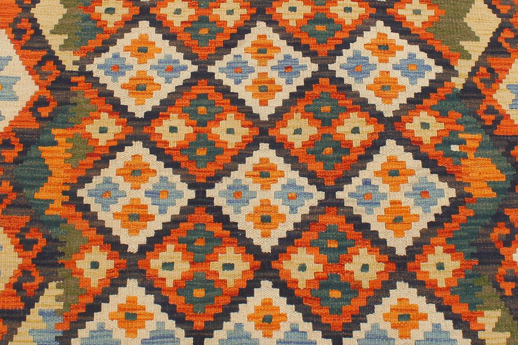 Flat Weave Kilim Antique Navaho Vintage handmade Geometric Kilim Blue Rust Hand-Woven Rectangle 100% Wool Area Rug 4x5 
