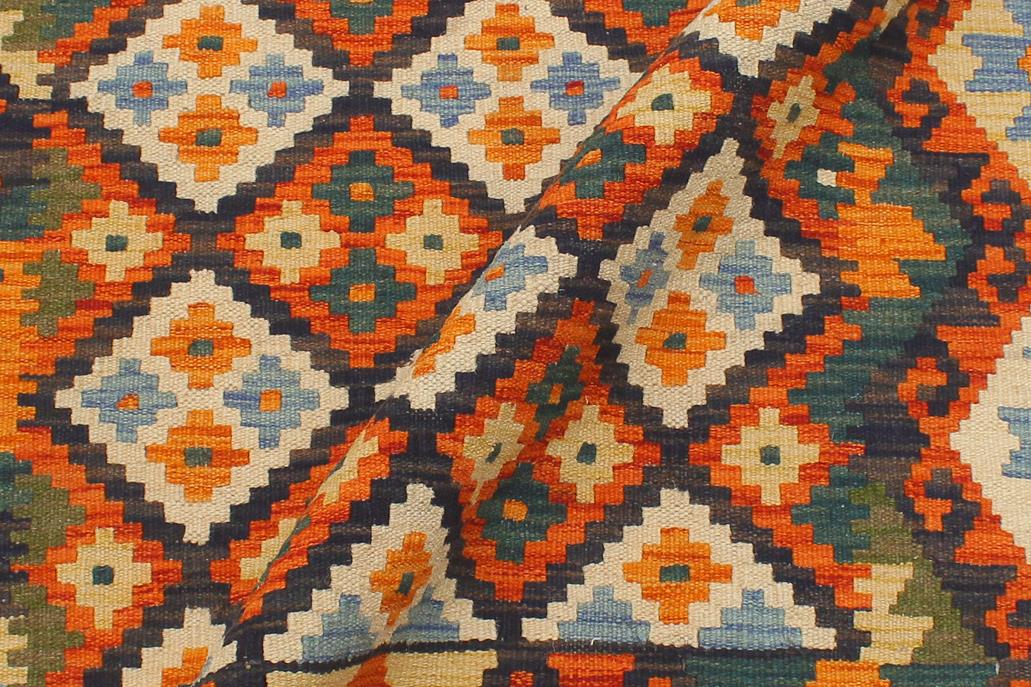 Flat Weave Kilim Antique Navaho Vintage handmade Geometric Kilim Blue Rust Hand-Woven Rectangle 100% Wool Area Rug 4x5 