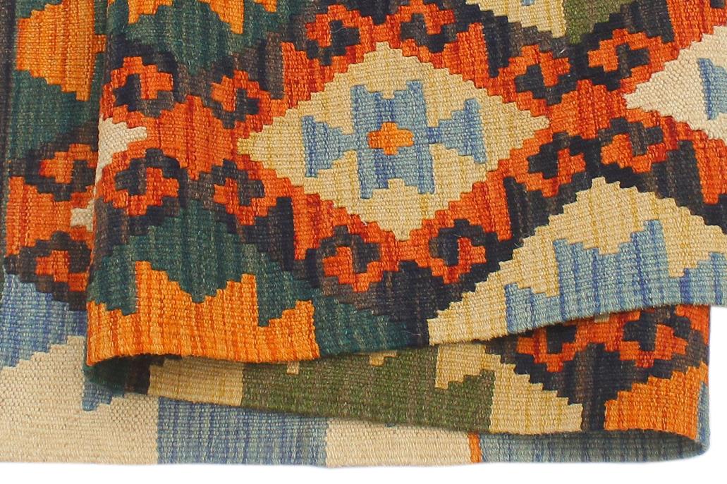 Flat Weave Kilim Antique Navaho Vintage handmade Geometric Kilim Blue Rust Hand-Woven Rectangle 100% Wool Area Rug 4x5 