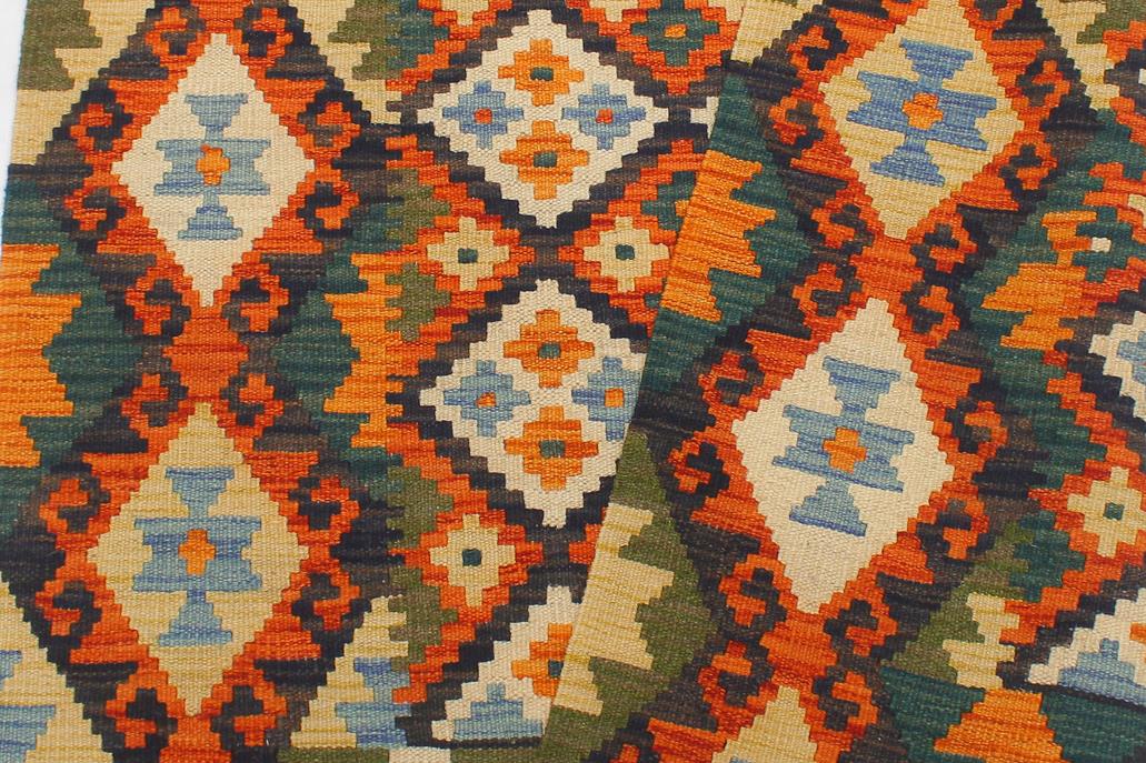 Flat Weave Kilim Antique Navaho Vintage handmade Geometric Kilim Blue Rust Hand-Woven Rectangle 100% Wool Area Rug 4x5 