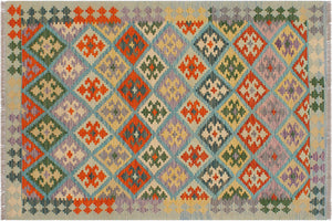 4x6 hand woven Turkish Kilim wool rug in blue and rust - Tribal Milan Turkish