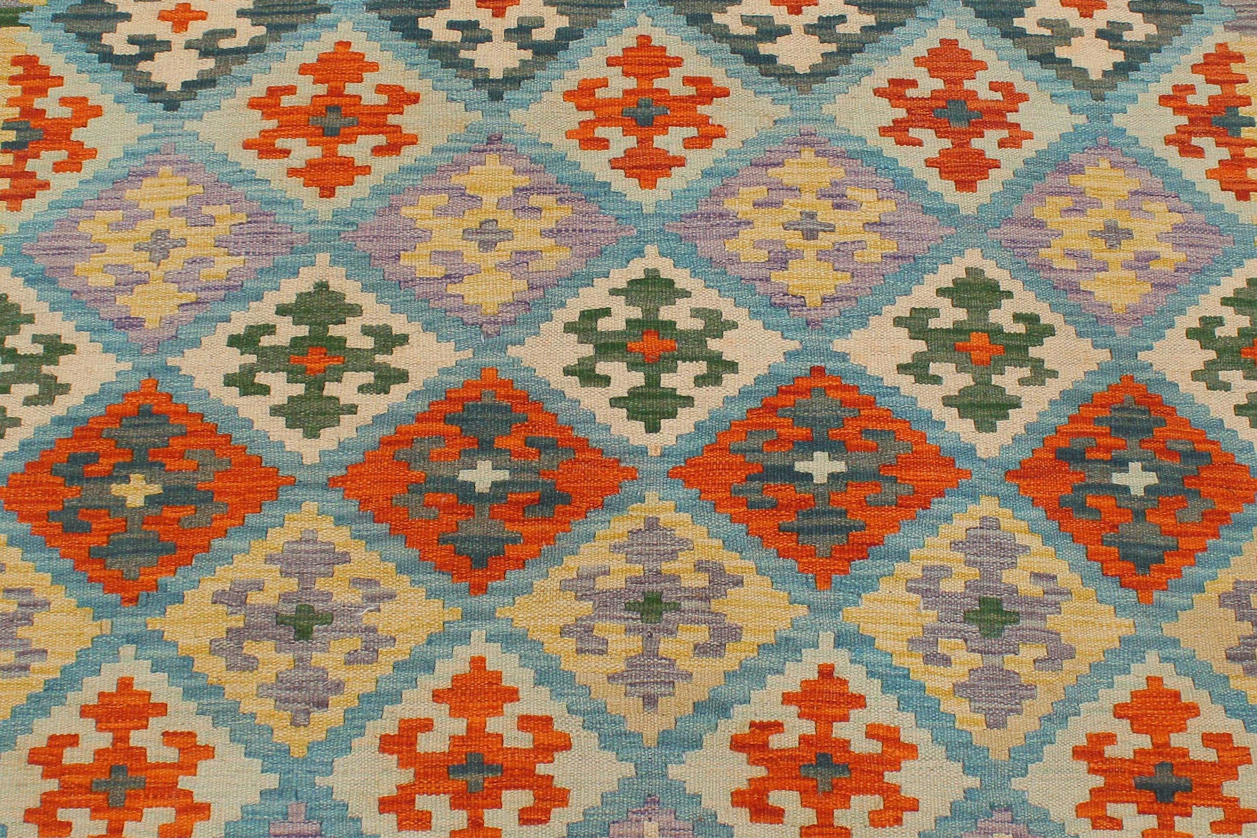 handmade Geometric Kilim Blue Rust Hand-Woven RECTANGLE 100% WOOL area rug 4 x 6