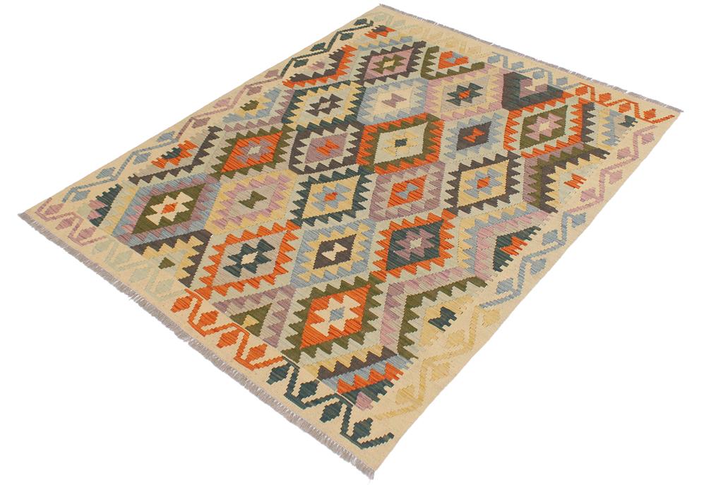 Flat Weave Kilim Antique Navaho Vintage handmade Geometric Kilim Blue Beige Hand-Woven Rectangle 100% Wool Area Rug 5x6 