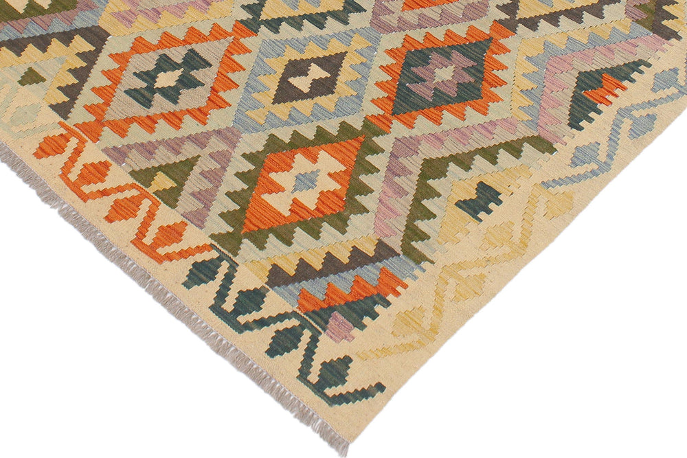 handmade Geometric Kilim Blue Beige Hand-Woven RECTANGLE 100% WOOL area rug 5x6
