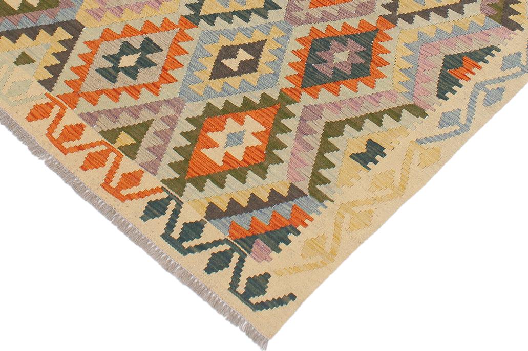 Flat Weave Kilim Antique Navaho Vintage handmade Geometric Kilim Blue Beige Hand-Woven Rectangle 100% Wool Area Rug 5x6 