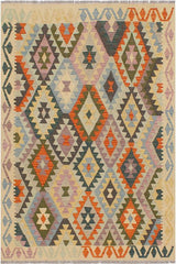 Flat Weave Kilim Antique Navaho Vintage handmade Geometric Kilim Blue Beige Hand-Woven Rectangle 100% Wool Area Rug 5x6 