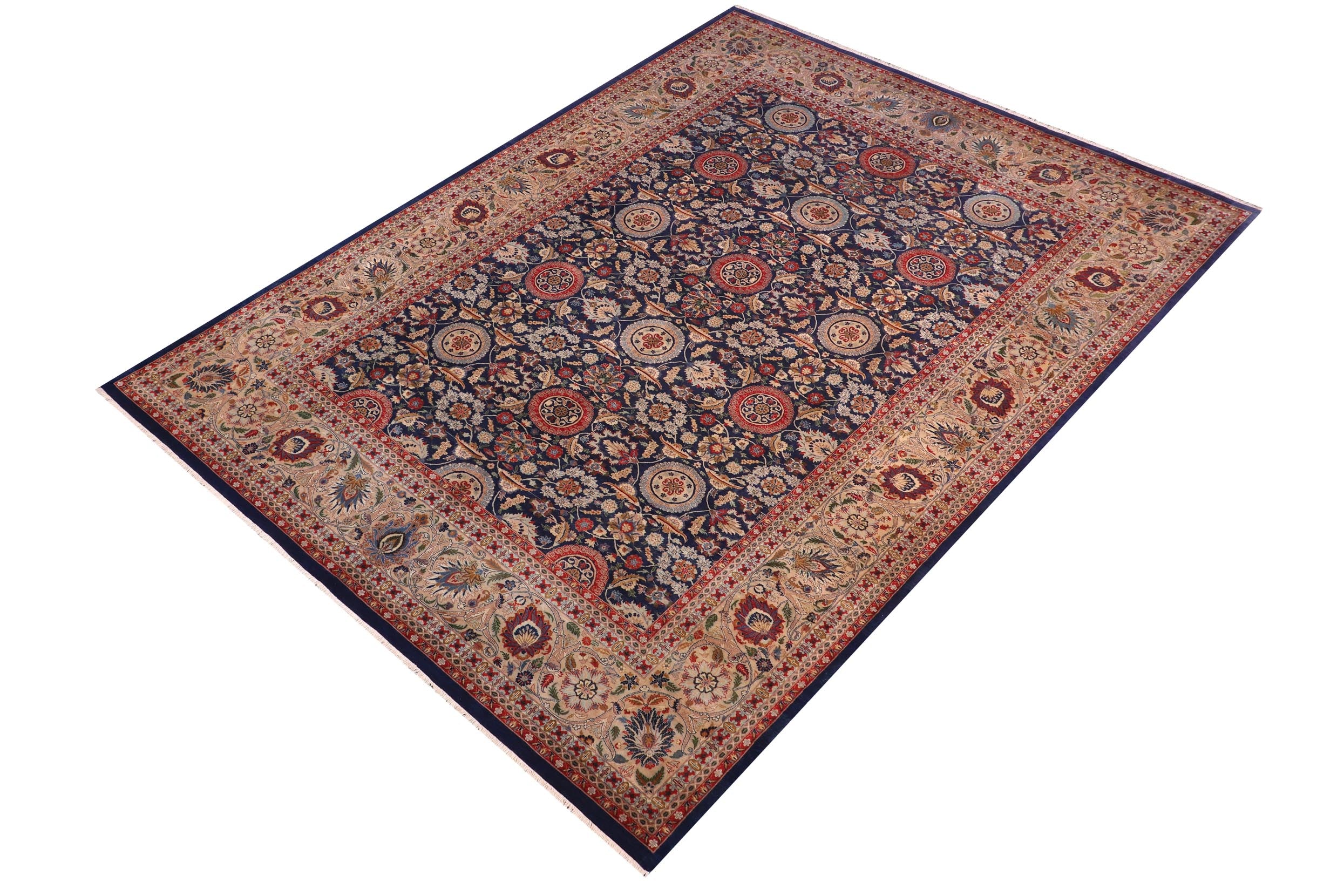 handmade Transitional Agra Tabriz Blue Tan Hand Knotted RECTANGLE 100% WOOL area rug 10x14