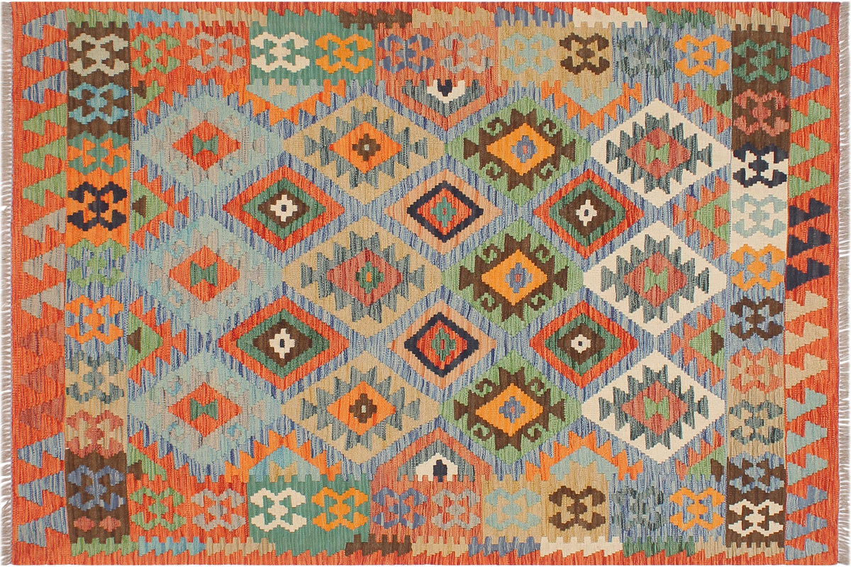 4x6 hand woven Turkish Kilim wool rug in blue and rust - Ethnic Valene Turkish