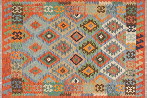 handmade Geometric Kilim Blue Rust Hand-Woven RECTANGLE 100% WOOL area rug 4 x 6