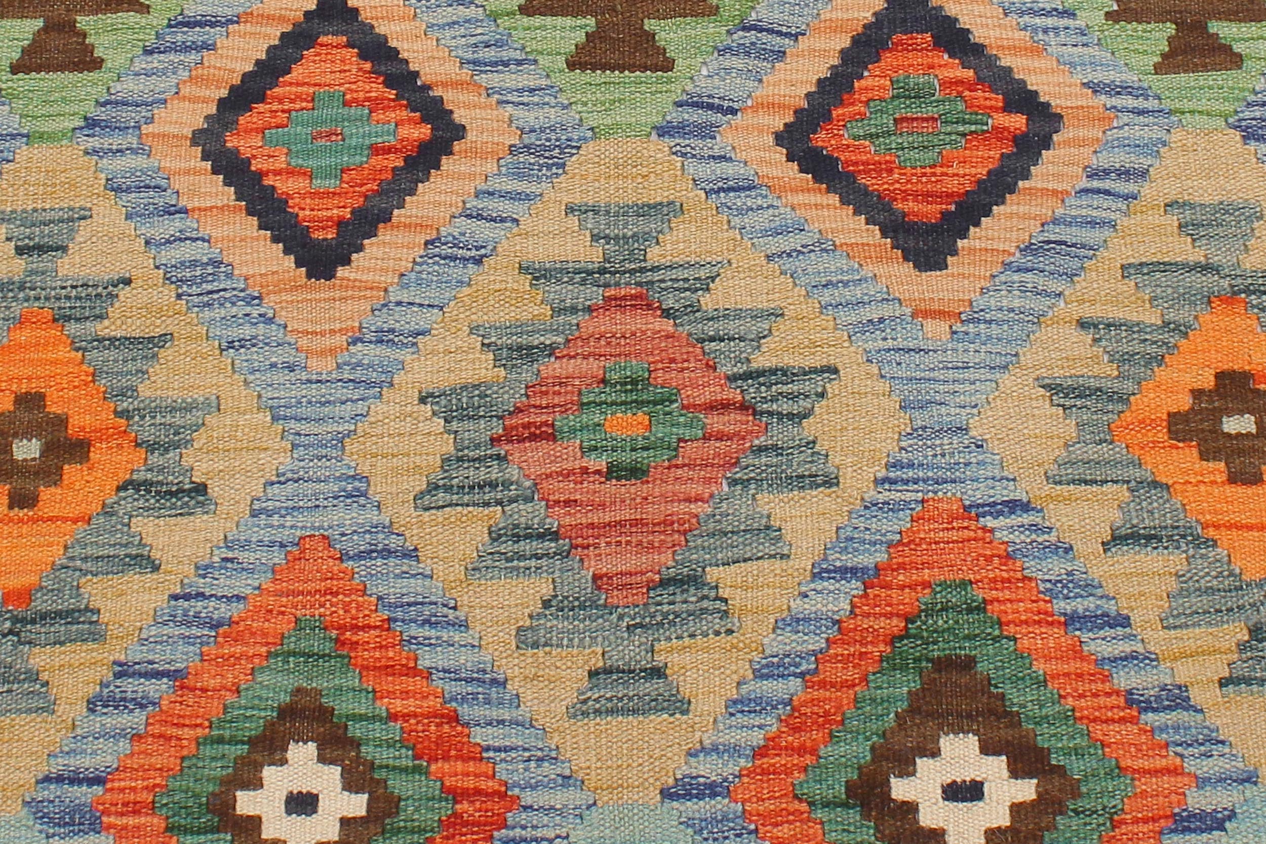 handmade Geometric Kilim Blue Rust Hand-Woven RECTANGLE 100% WOOL area rug 4 x 6
