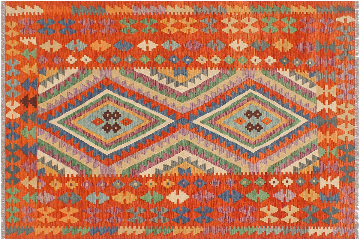 4x6 hand woven Turkish Kilim wool rug in blue and rust - Chic Turkish Sarina