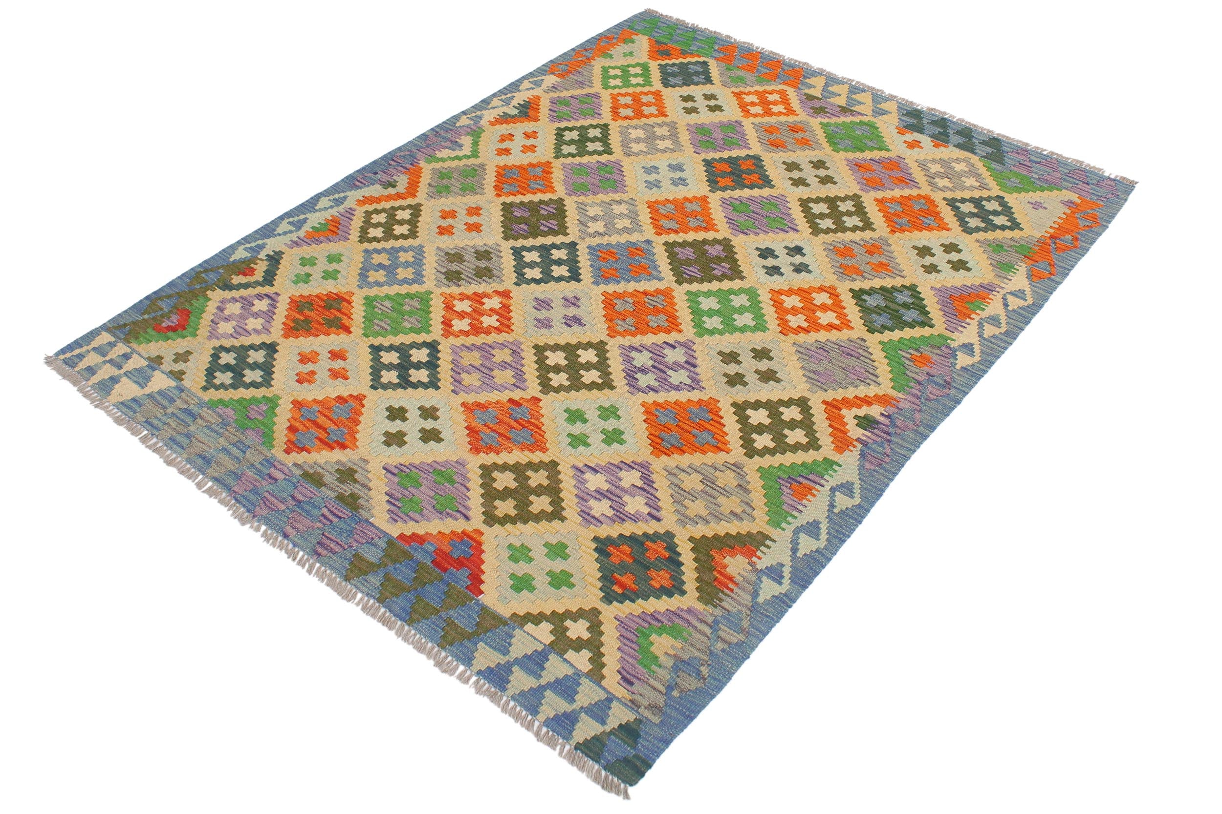 handmade Geometric Kilim Yellow Blue Hand-Woven RECTANGLE 100% WOOL area rug 4 x 6