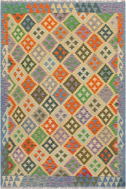 Flat Weave Kilim Antique Navaho Vintage handmade Modern Kilim Yellow Blue Hand-Woven Rectangle 100% Wool Area Rug 4x6 