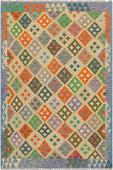 Flat Weave Kilim Antique Navaho Vintage handmade Modern Kilim Yellow Blue Hand-Woven Rectangle 100% Wool Area Rug 4x6 