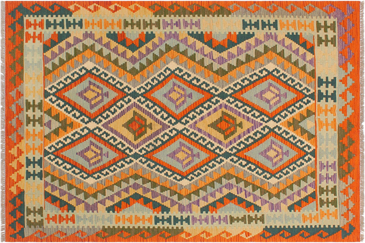 handmade Geometric Kilim Rust Blue Hand-Woven RECTANGLE 100% WOOL area rug 4 x 6