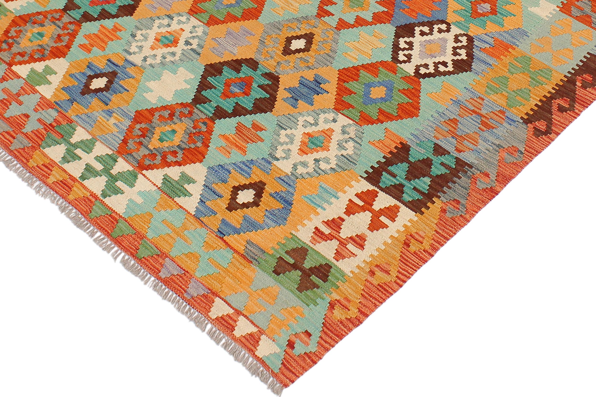 handmade Geometric Kilim Blue Rust Hand-Woven RECTANGLE 100% WOOL area rug 4 x 6