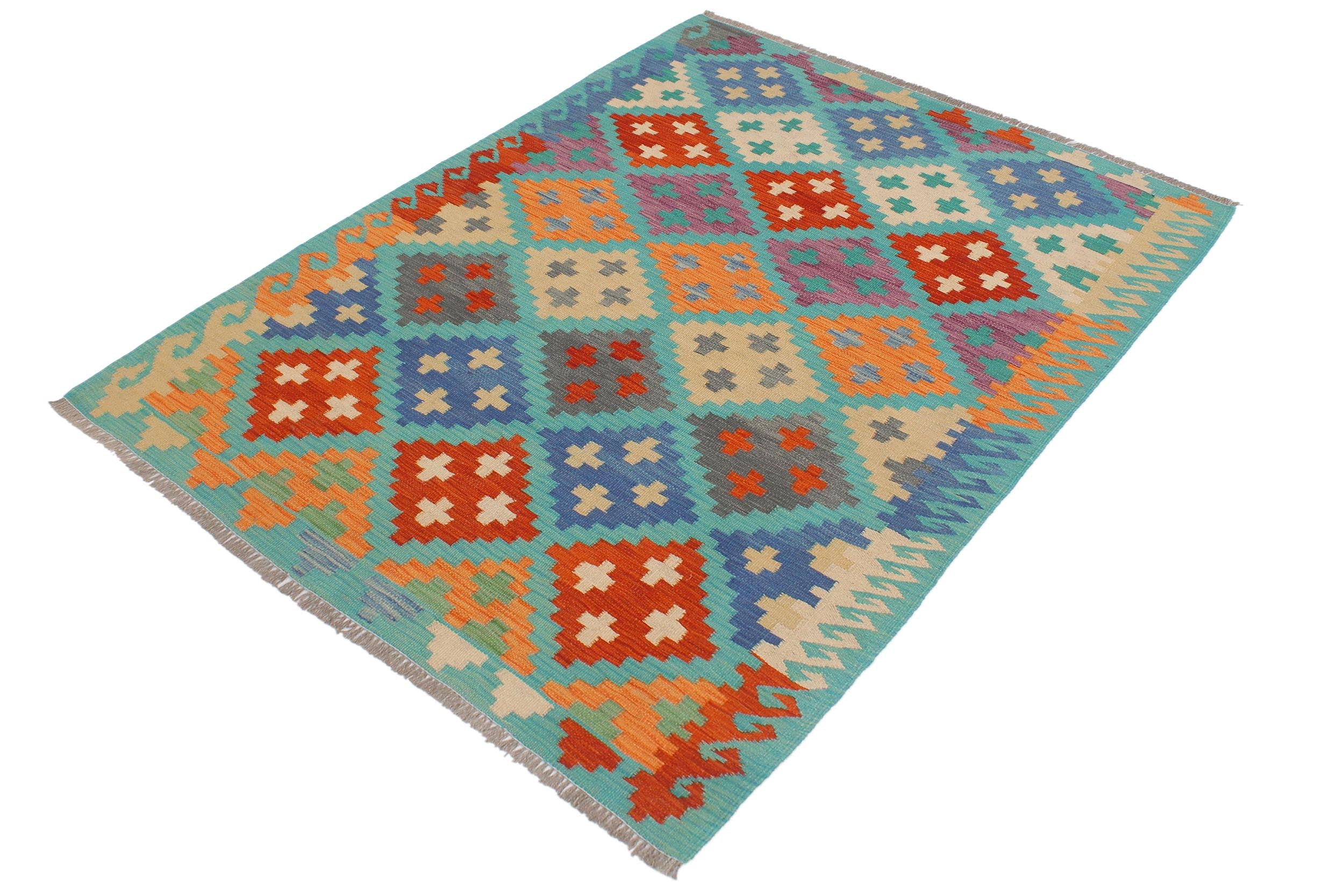 handmade Geometric Kilim Blue Rust Hand-Woven RECTANGLE 100% WOOL area rug 4 x 6