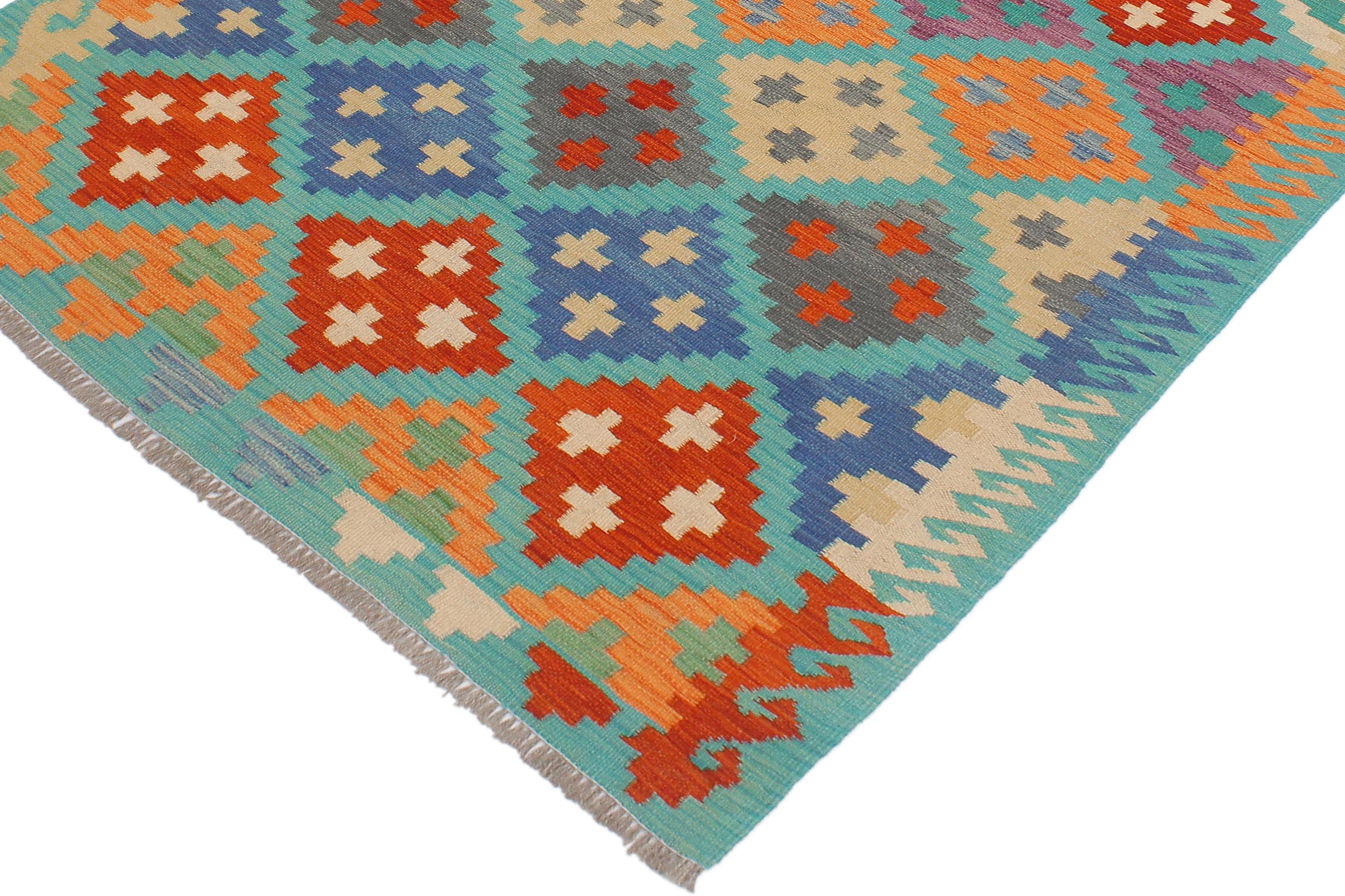 handmade Geometric Kilim Blue Rust Hand-Woven RECTANGLE 100% WOOL area rug 4 x 6