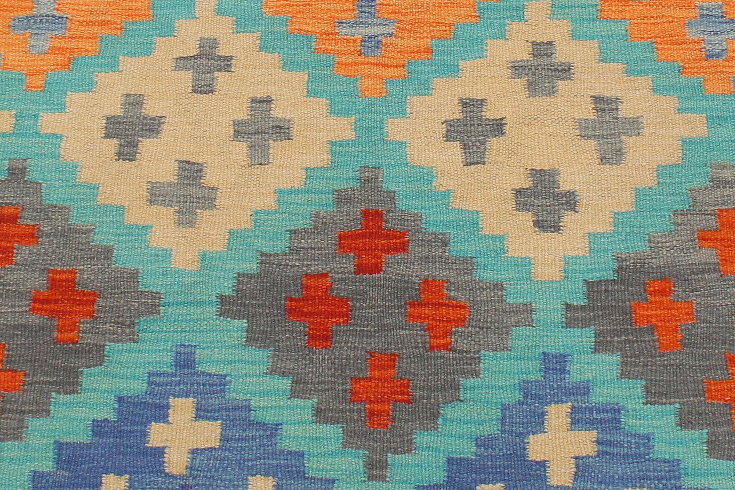 handmade Geometric Kilim Blue Rust Hand-Woven RECTANGLE 100% WOOL area rug 4 x 6