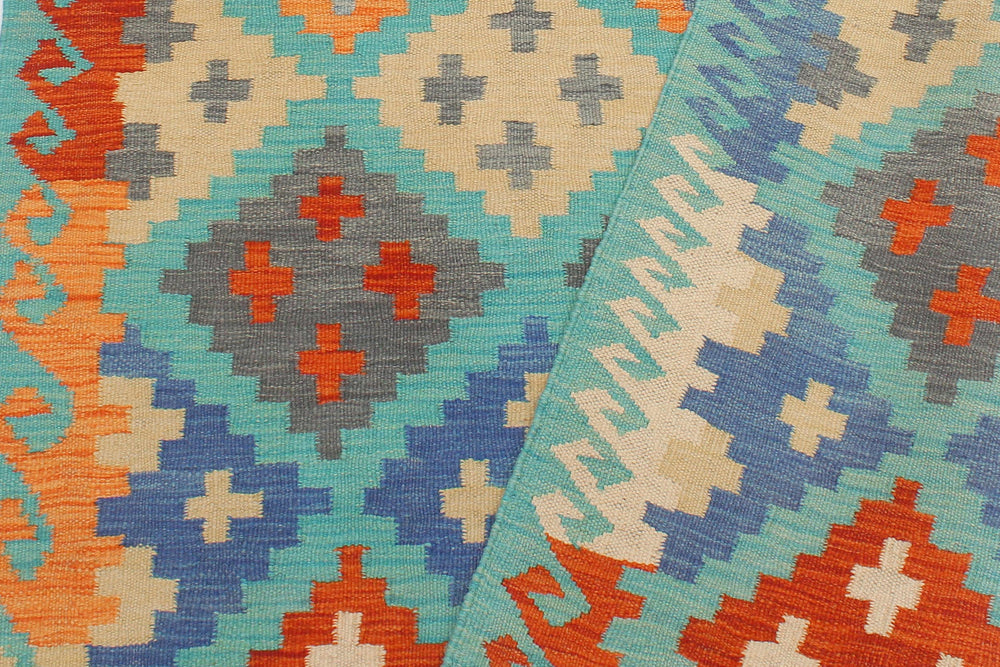 handmade Geometric Kilim Blue Rust Hand-Woven RECTANGLE 100% WOOL area rug 4 x 6
