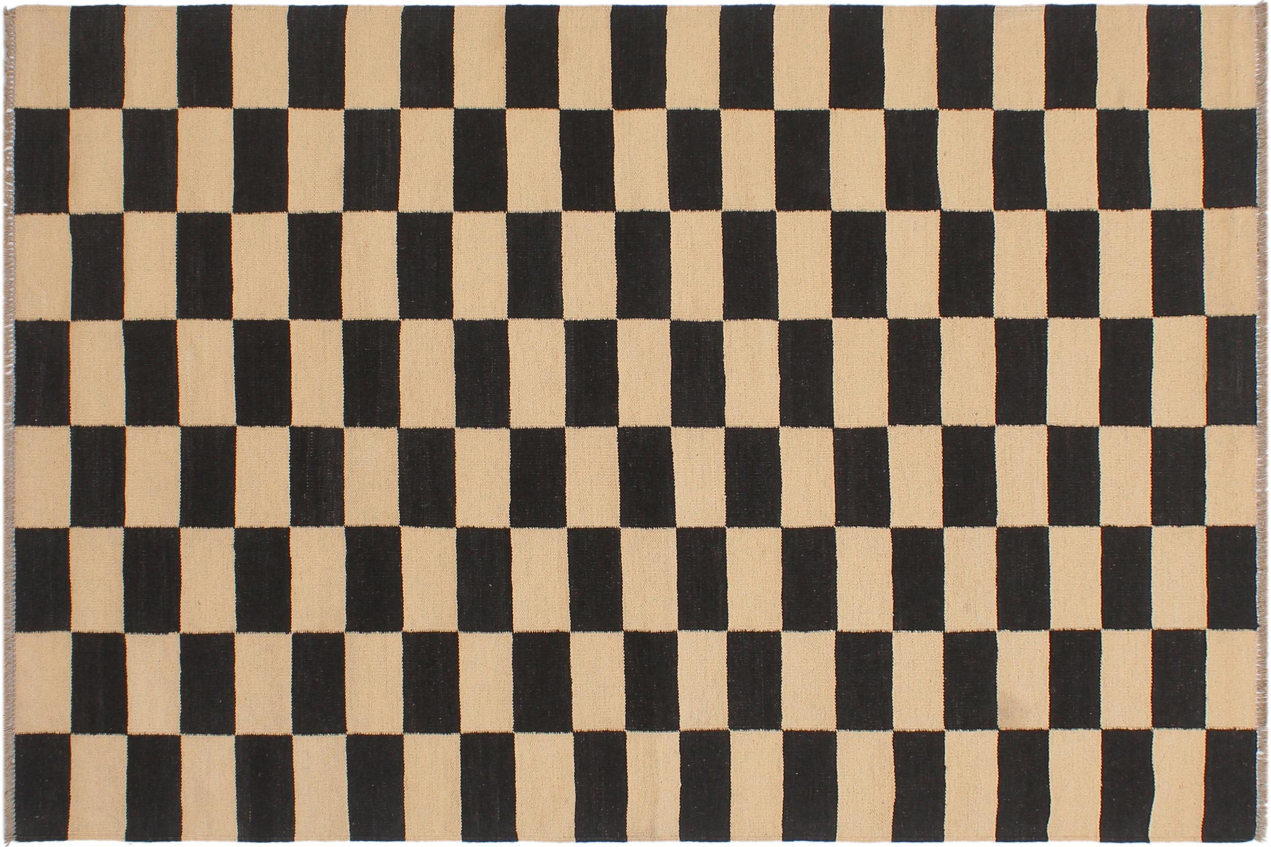 handmade Modern Kilim Beige Black Hand-Woven RECTANGLE 100% WOOL area rug 4' x 6'