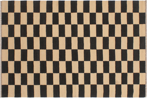 handmade Modern Kilim Beige Black Hand-Woven RECTANGLE 100% WOOL area rug 4' x 6'