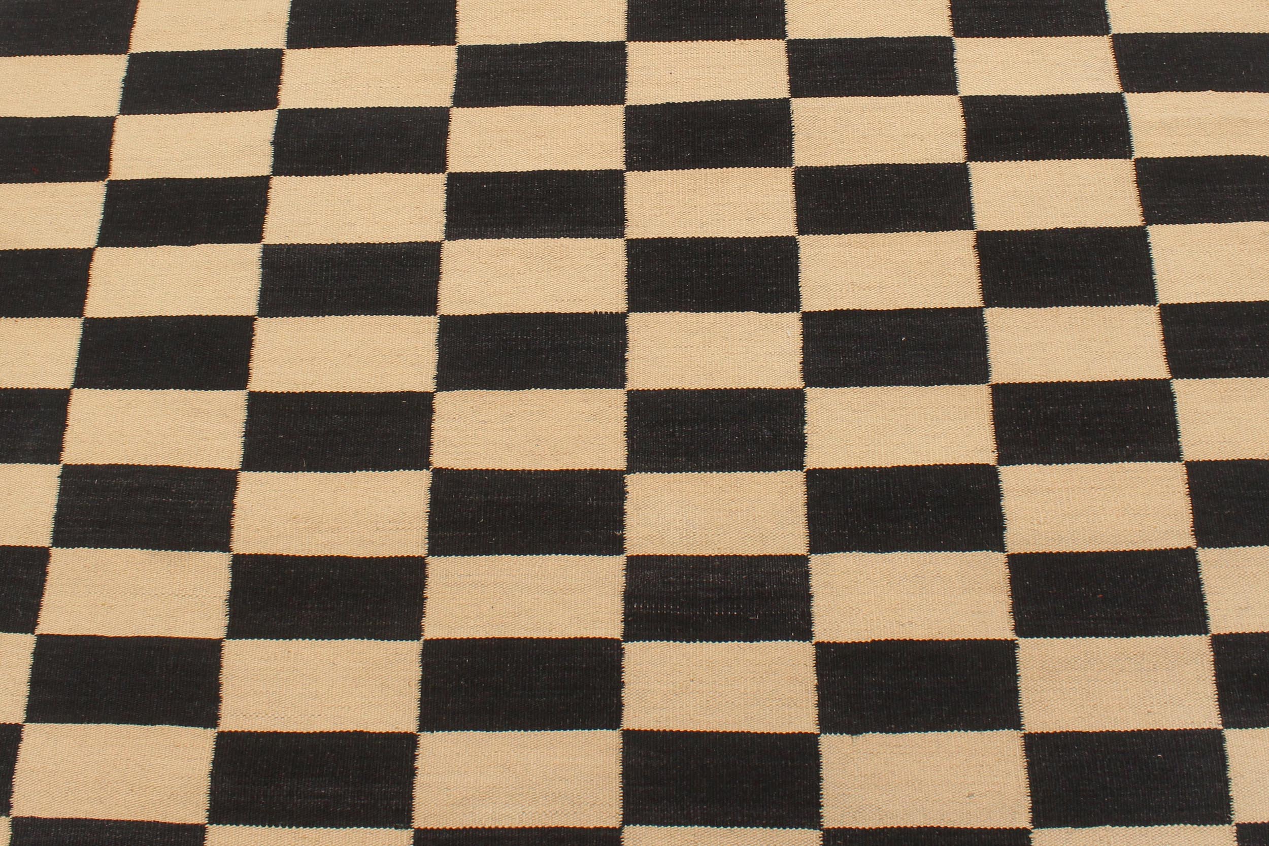 handmade Modern Kilim Beige Black Hand-Woven RECTANGLE 100% WOOL area rug 4' x 6'