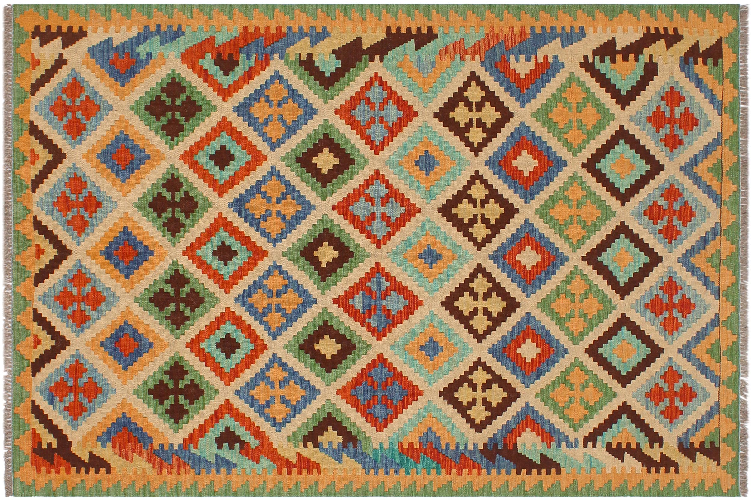 handmade Geometric Kilim Beige Green Hand-Woven RECTANGLE 100% WOOL area rug 4 x 6