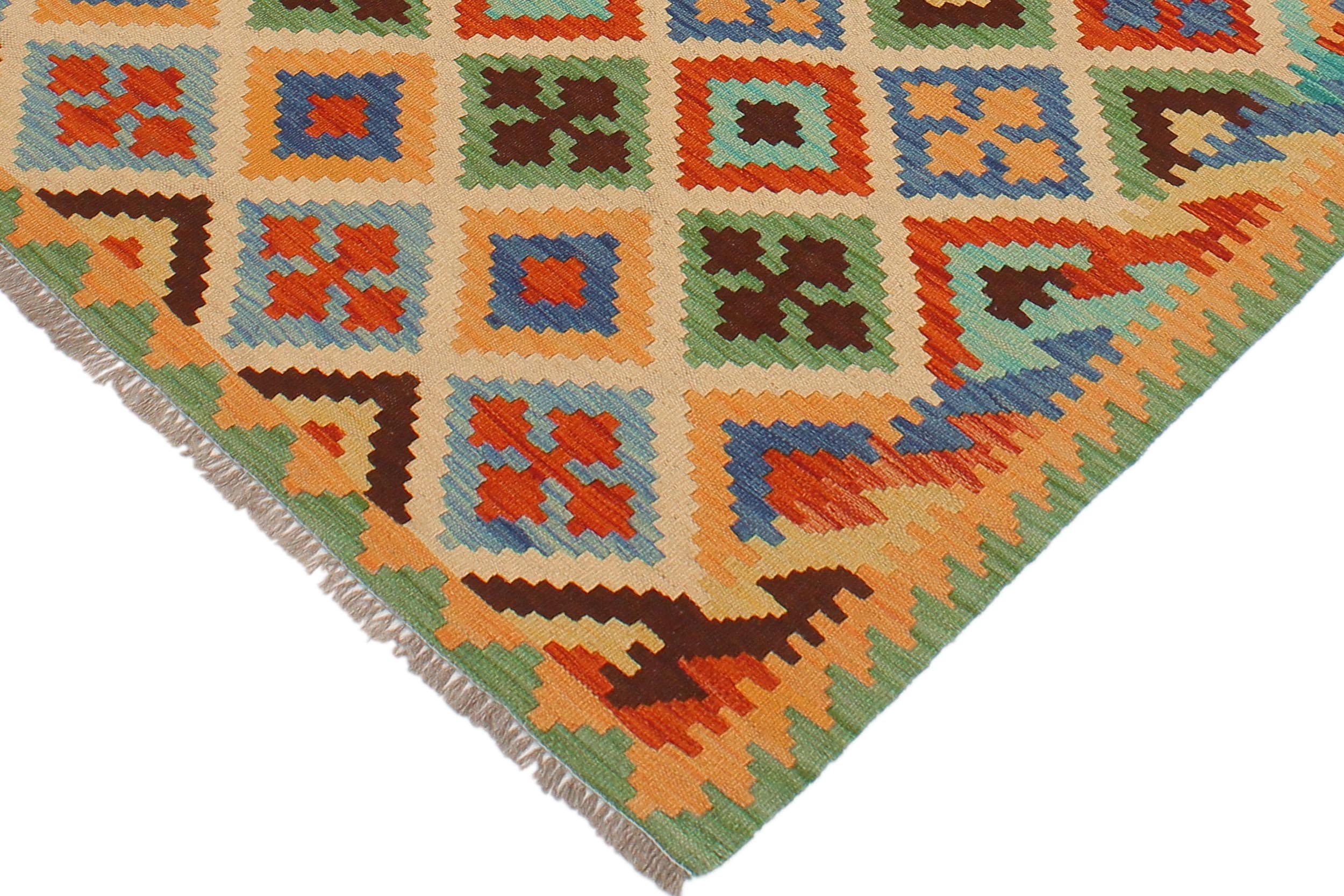 handmade Geometric Kilim Beige Green Hand-Woven RECTANGLE 100% WOOL area rug 4 x 6