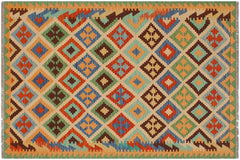 handmade Geometric Kilim Beige Green Hand-Woven RECTANGLE 100% WOOL area rug 4 x 6