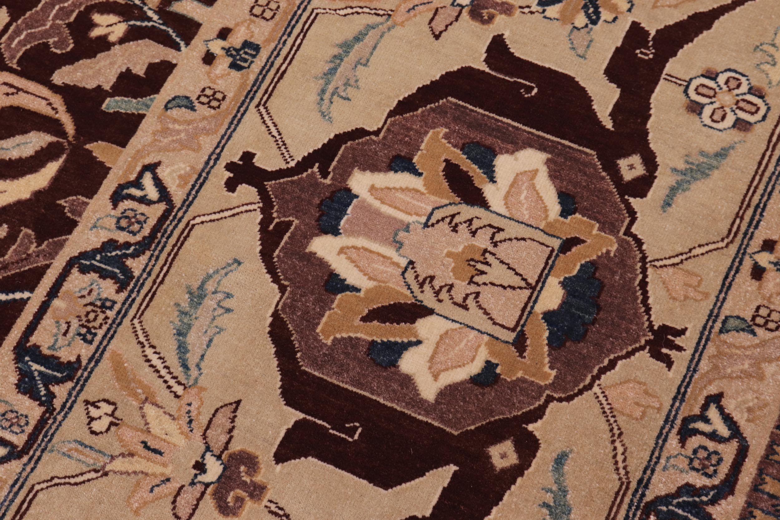 handmade Traditional Lahore Brown Tan Hand Knotted RECTANGLE 100% WOOL area rug 10' x 14'