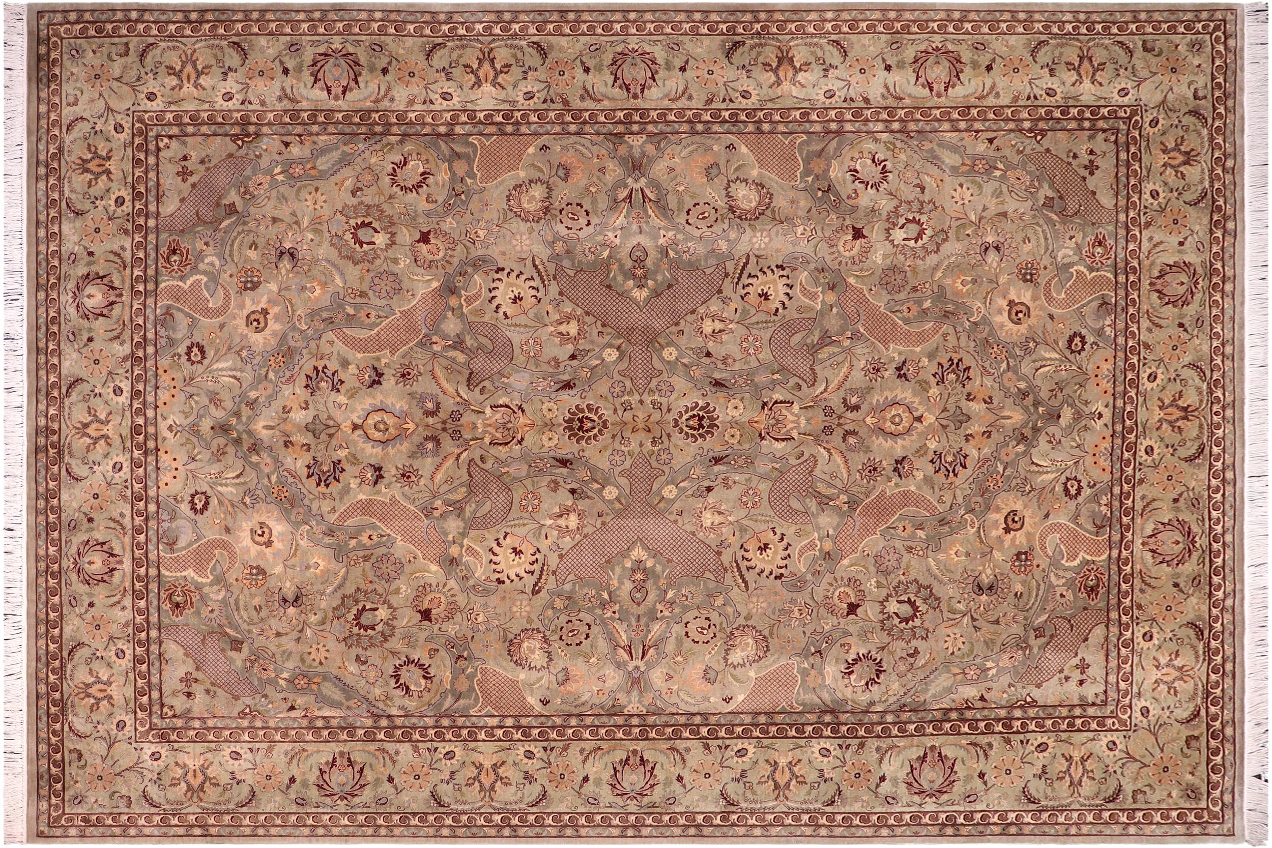 handmade Traditional Agra Green Brown Hand Knotted RECTANGLE 100% WOOL area rug 10x14