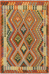 Flat Weave Kilim Antique Navaho Vintage handmade Geometric Kilim Beige Rust Hand-Woven Rectangle 100% Wool Area Rug 4x6 