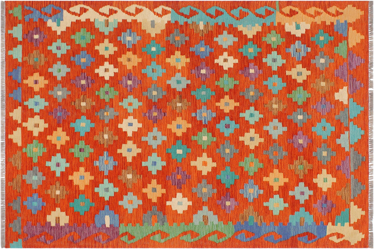 handmade Modern Kilim Rust Blue Hand-Woven RECTANGLE 100% WOOL area rug 5x7