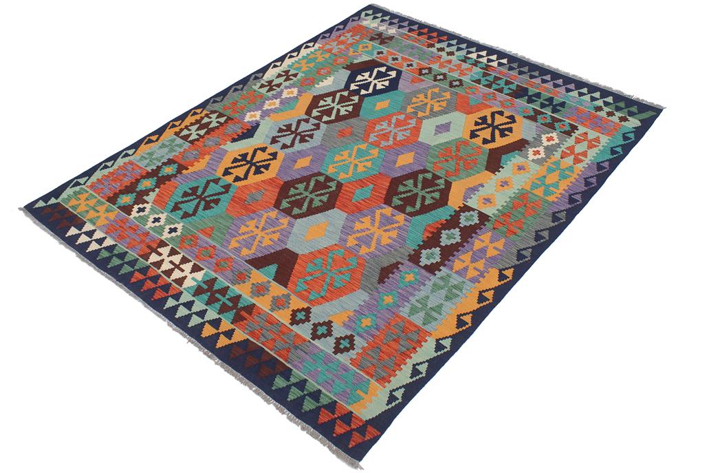 Flat Weave Kilim Antique Navaho Vintage handmade Geometric Kilim Rust Blue Hand-Woven Rectangle 100% Wool Area Rug 6x8 