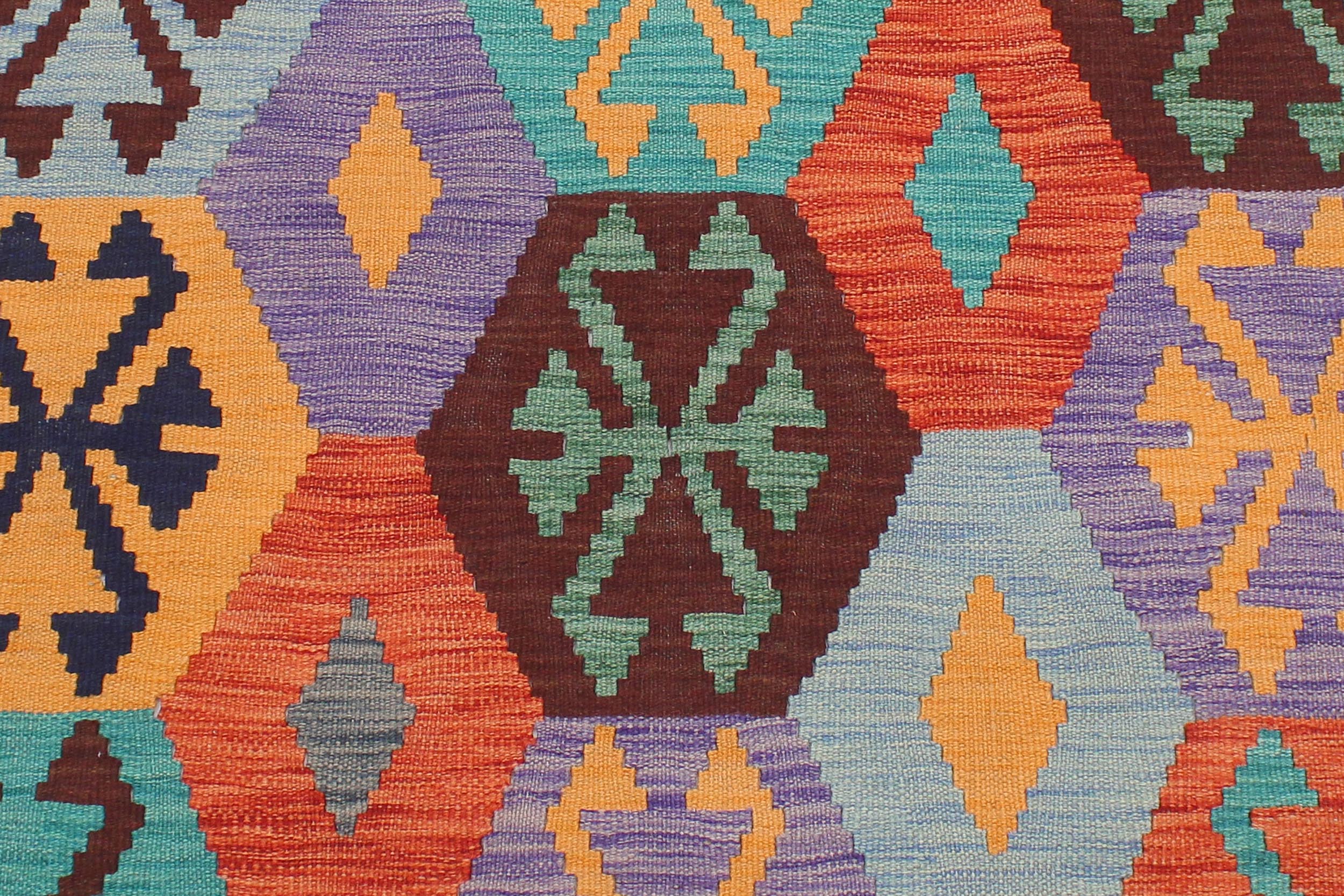 handmade Geometric Kilim Rust Blue Hand-Woven RECTANGLE 100% WOOL area rug 6 x 8