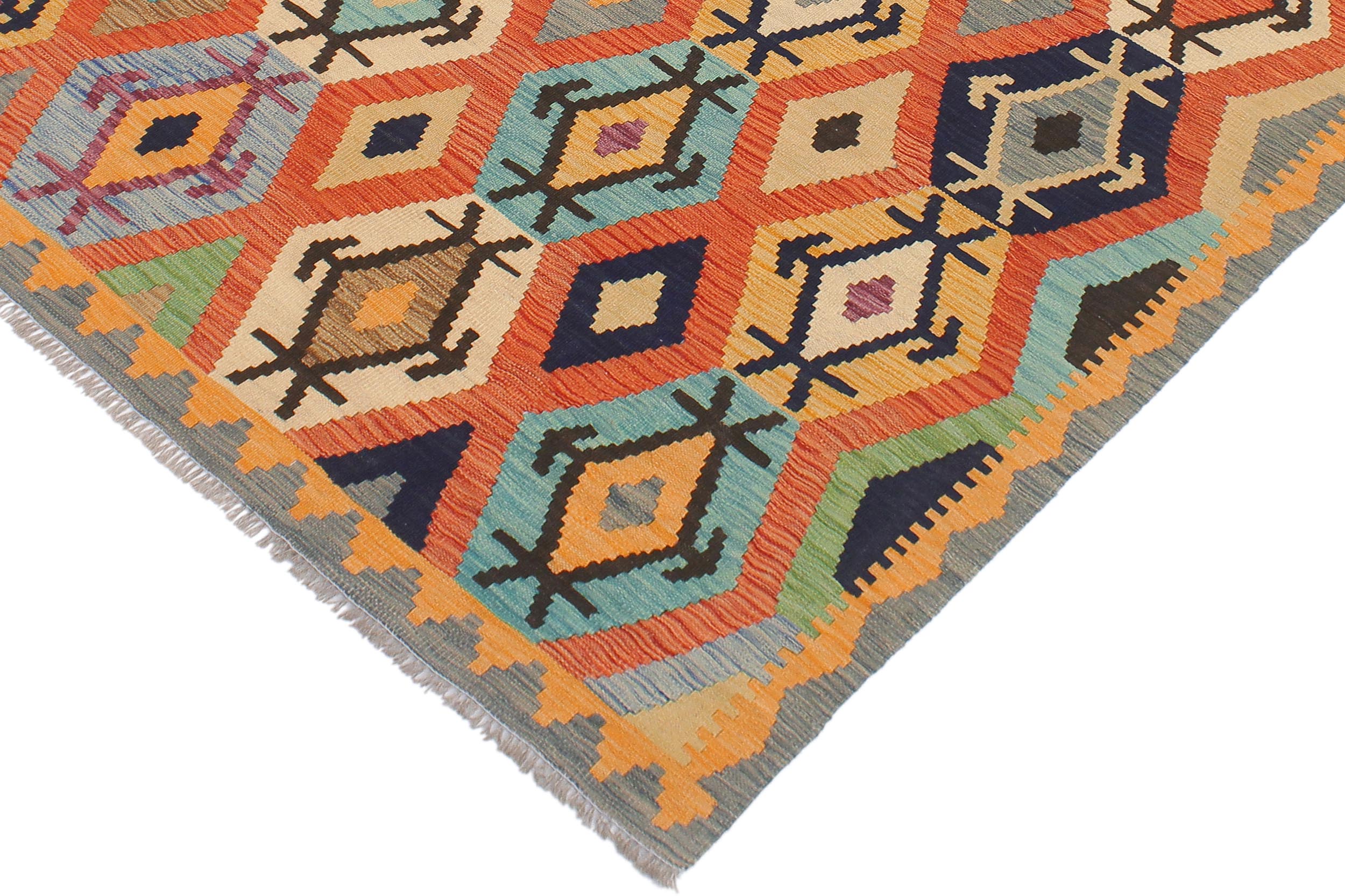 handmade Geometric Kilim Rust Blue Hand-Woven RECTANGLE 100% WOOL area rug 5 x 7