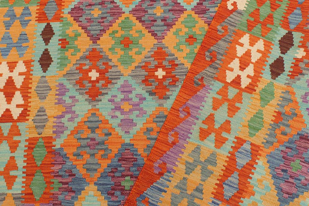 Flat Weave Kilim Antique Navaho Vintage handmade Geometric Kilim Blue Rust Hand-Woven Rectangle 100% Wool Area Rug 5x6 