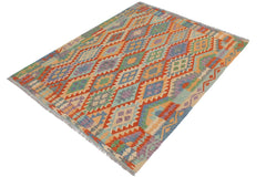 Flat Weave Kilim Antique Navaho Vintage handmade Geometric Kilim Blue Gray Hand-Woven Rectangle 100% Wool Area Rug 5x6 