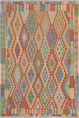 Flat Weave Kilim Antique Navaho Vintage handmade Geometric Kilim Blue Gray Hand-Woven Rectangle 100% Wool Area Rug 5x6 