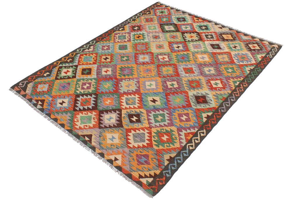 Flat Weave Kilim Antique Navaho Vintage handmade Geometric Kilim Blue Brown Hand-Woven Rectangle 100% Wool Area Rug 5x6 