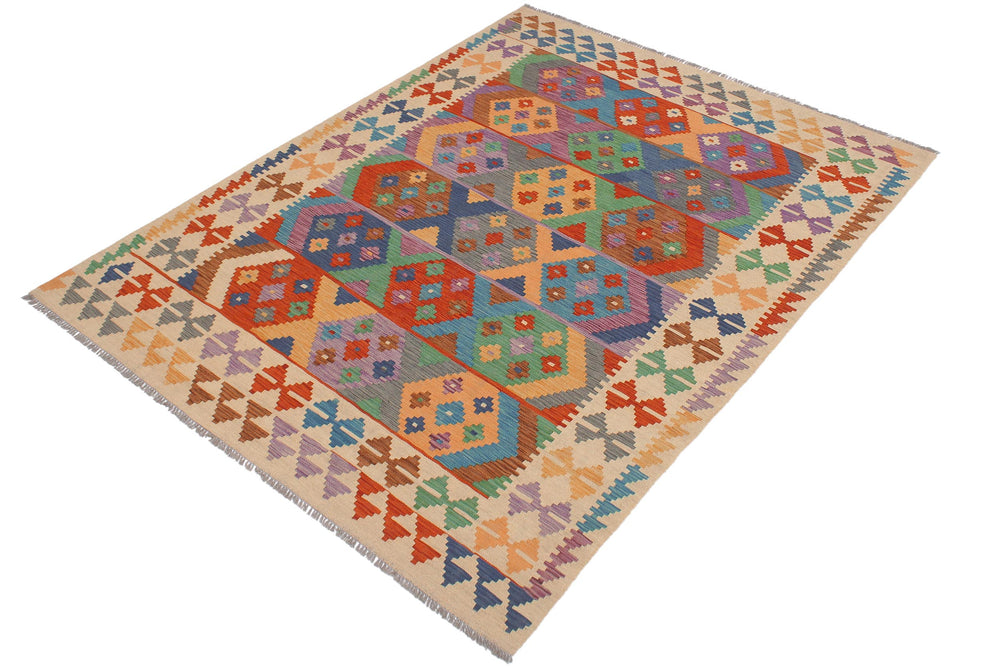 handmade Geometric Kilim Blue Beige Hand-Woven RECTANGLE 100% WOOL area rug 6 x 8