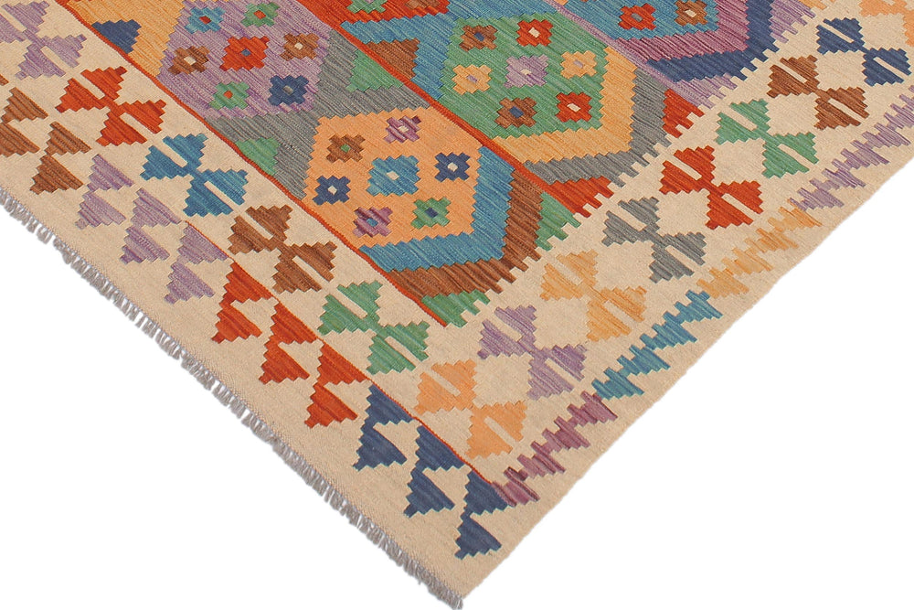 handmade Geometric Kilim Blue Beige Hand-Woven RECTANGLE 100% WOOL area rug 6 x 8