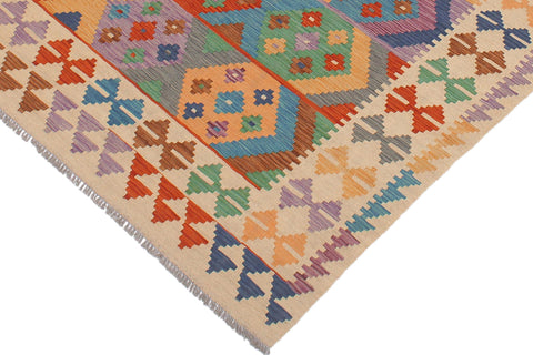 handmade Geometric Kilim Blue Beige Hand-Woven RECTANGLE 100% WOOL area rug 6 x 8